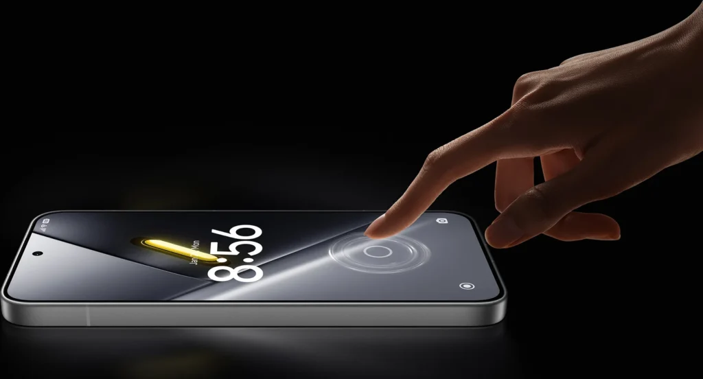 Poco X8 Pro Max, screen-up, with a finger on the display