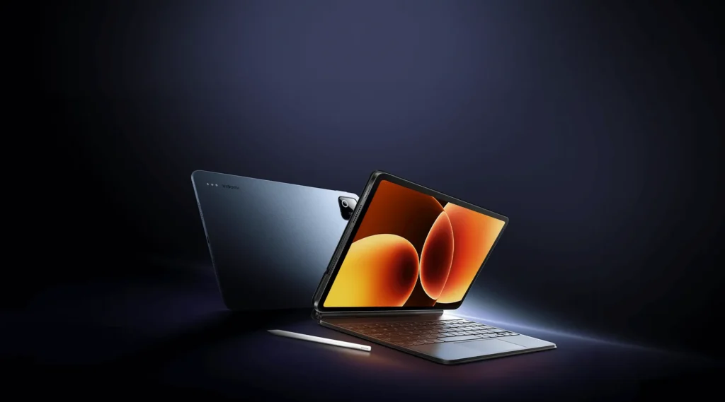 Xiaomi Pad 8, one from the back and one on the keyboard case, with the pen in front