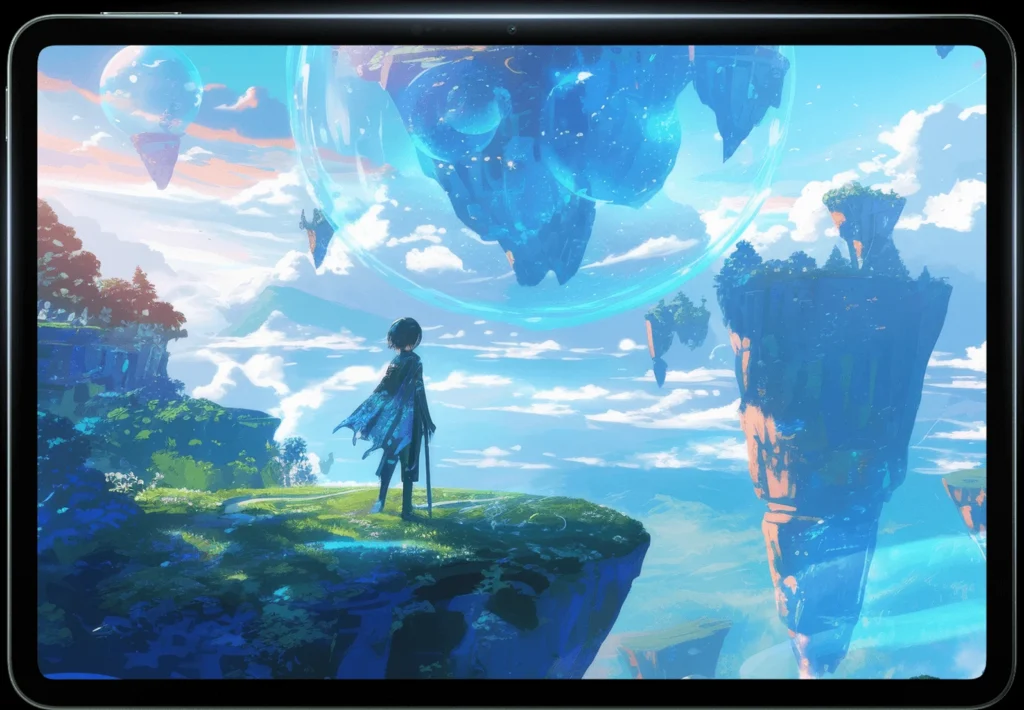 Xiaomi Pad 8, front, straight on, with a fantasy landscape on screen