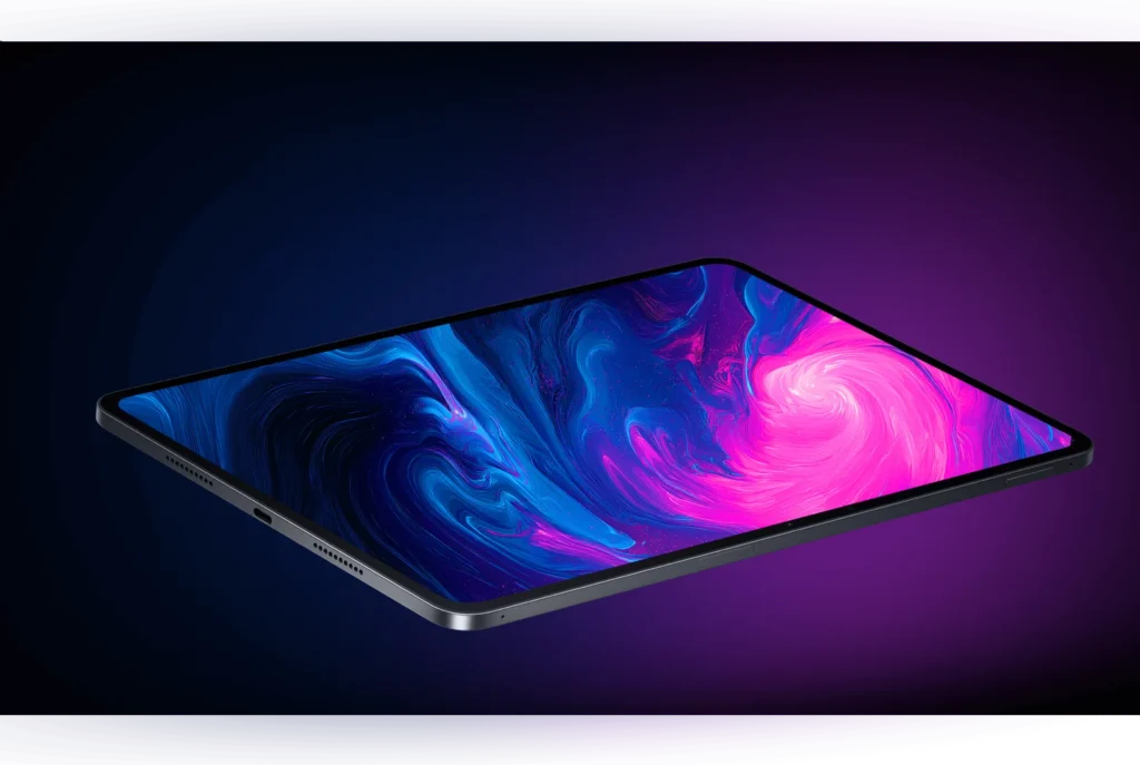Xiaomi Pad 8, lying at an angle, a blue and pink swirl on screen