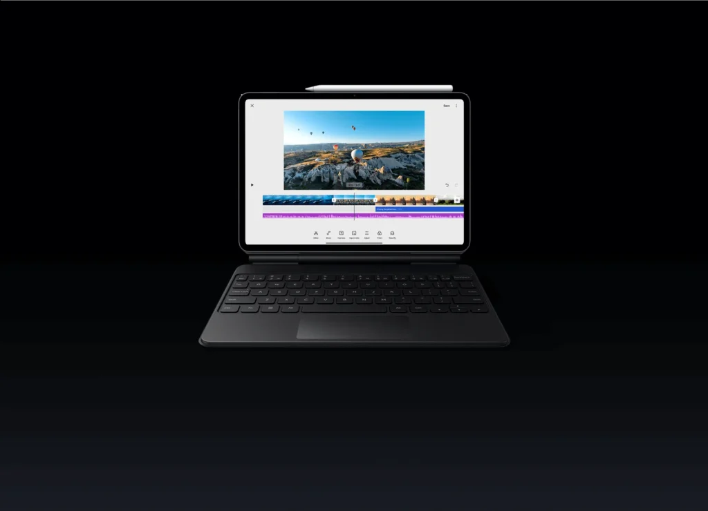 Xiaomi Pad 8, on the keyboard case from the front, with the pen on top