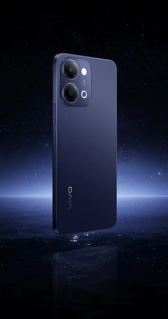 Vivo Y11 5G, in Midnight Blue, standing in blue light