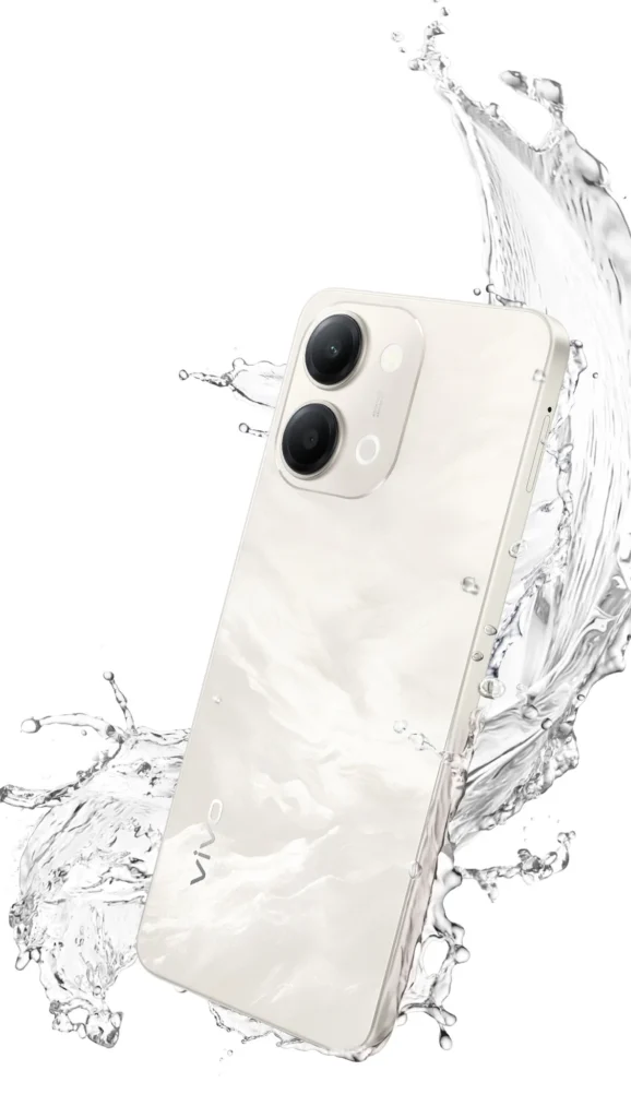 Vivo Y11 5G, in Sunrise Gold, with water splashing