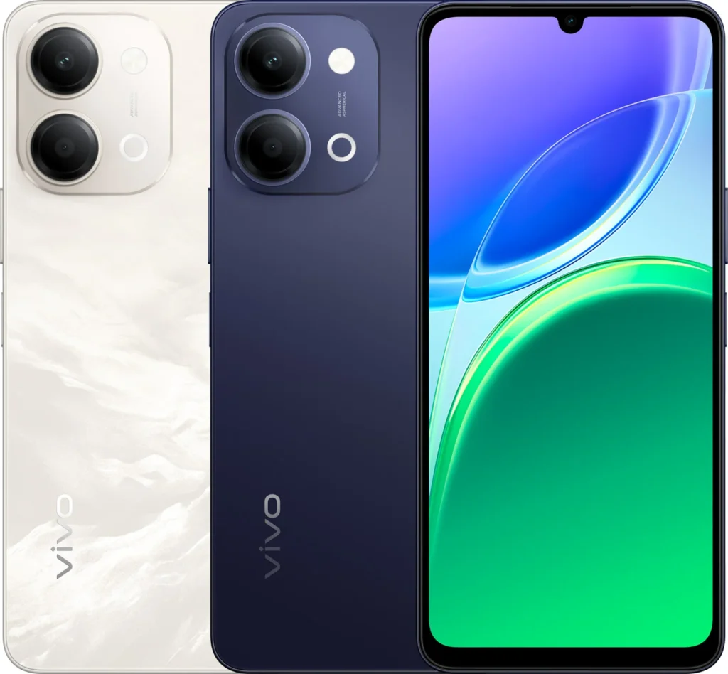 Vivo Y11 5G, front and rear view in Midnight Blue