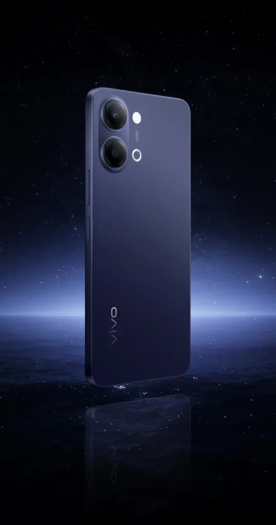 Vivo Y21 5G, in Midnight Blue, standing in blue light