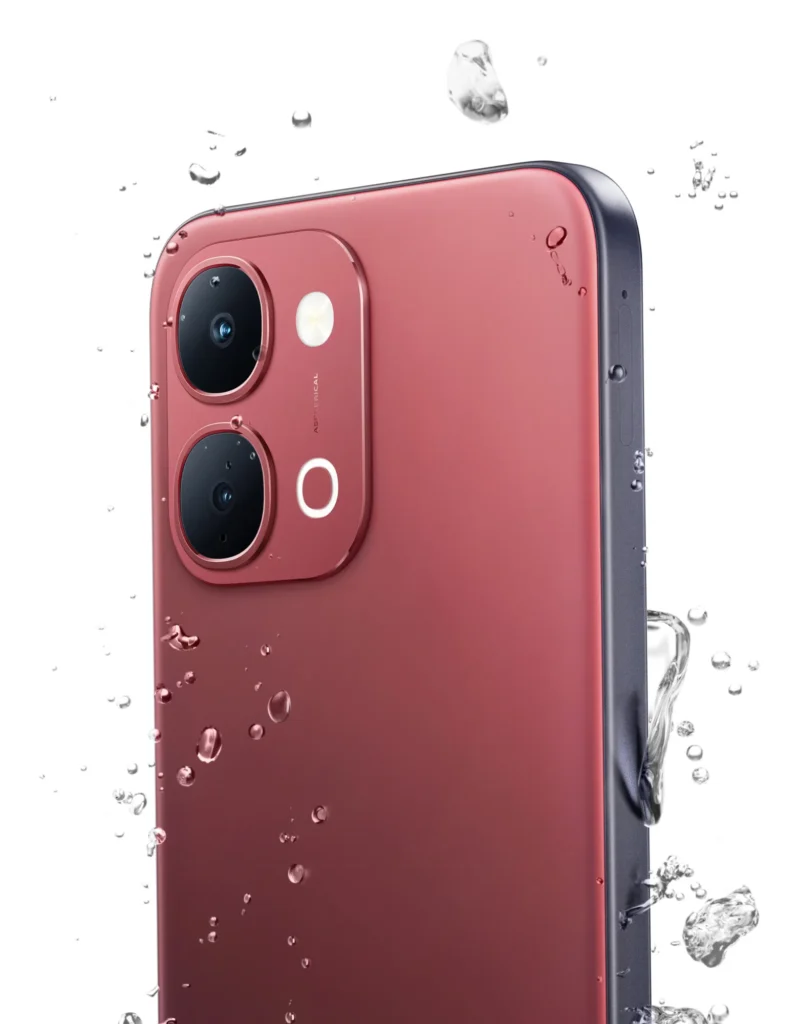 Vivo Y51 Pro 5G, in Festive Red, with water drops