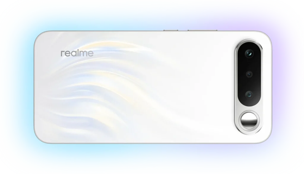 realme 16 5G, in Air White, lying on its back