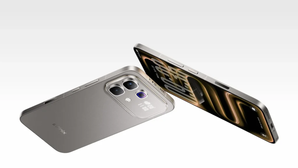 Infinix Note 60 Pro, in Mist Titanium, back and front at an angle