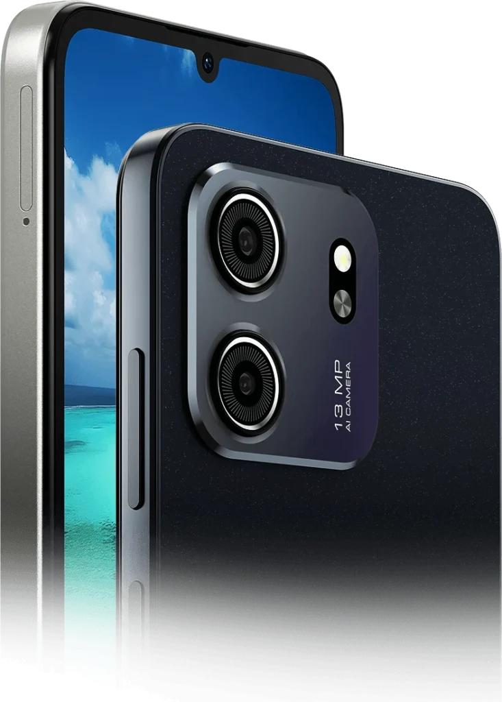 Lava Bold N2 Lite, in Nilgiri Blue, back and front at an angle