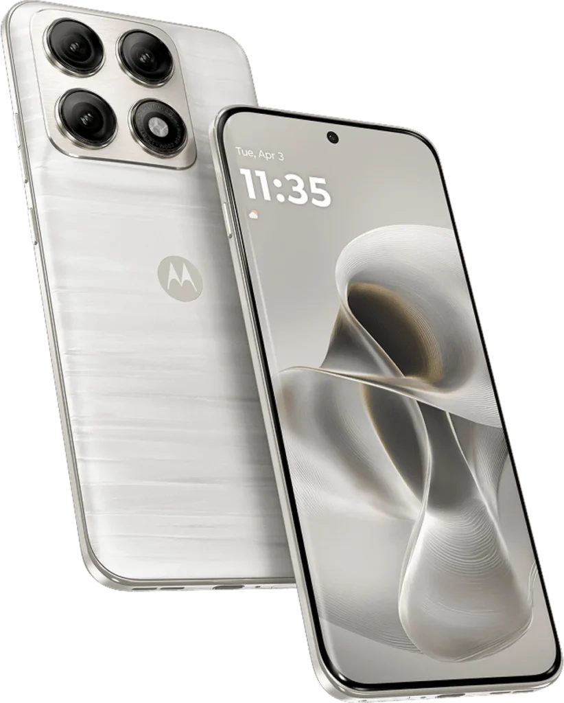 Motorola Edge 70 Pro, in Pantone Lily White, front and rear view