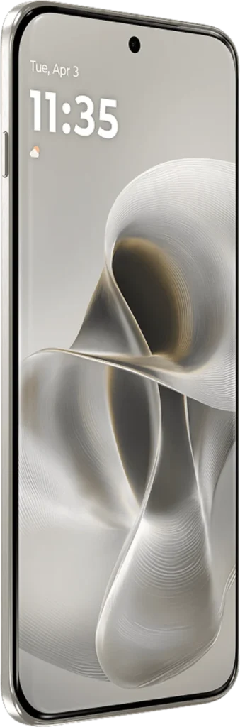 Motorola Edge 70 Pro, in Pantone Lily White, angled profile showing slim 6.99mm chassis