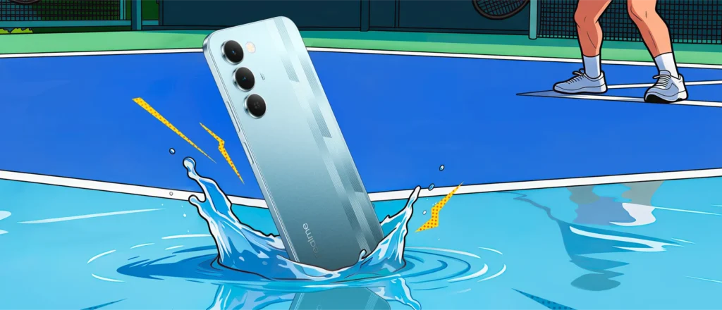 realme NARZO 100 Lite 5G, in Frost Silver, splashing on a tennis court