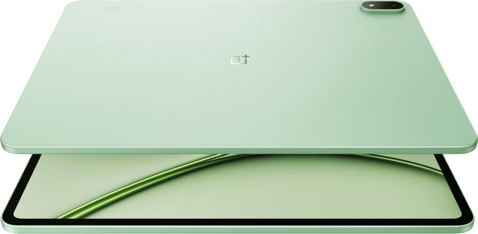 OnePlus Pad 4, in Sage Mist, lifted at an angle, back up