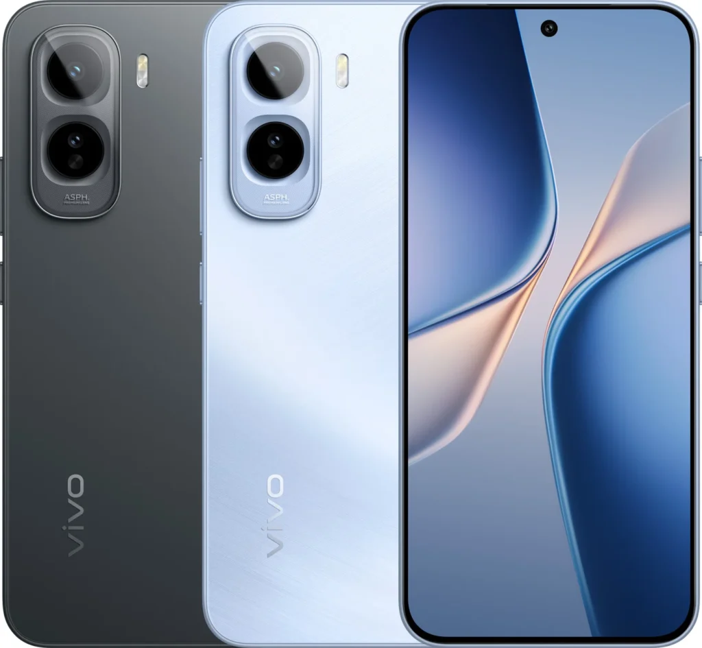 Vivo T5 Pro 5G, front and rear view in Glacier Blue