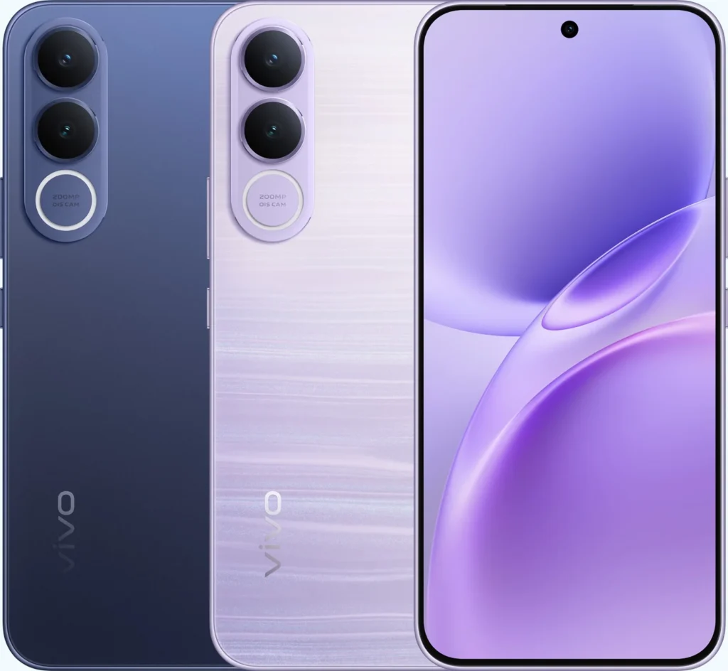 Vivo V70 FE, in Monsoon Blue and Northern Lights Purple, backs and front