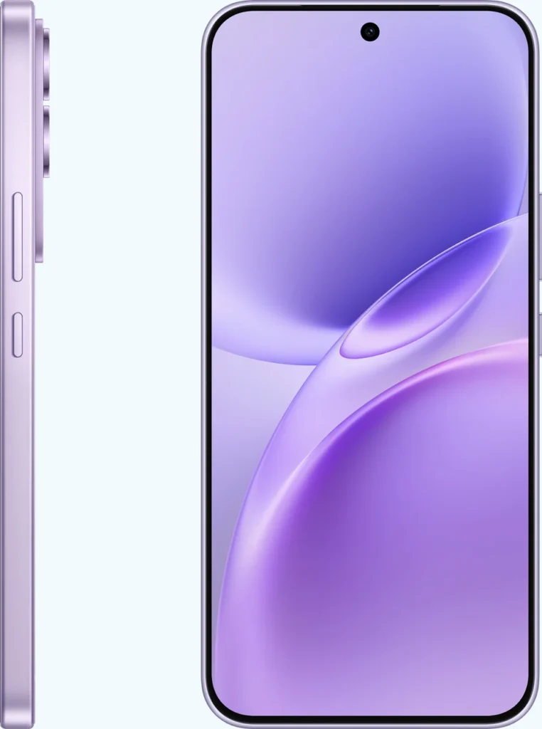 Vivo V70 FE, in Northern Lights Purple, side and front