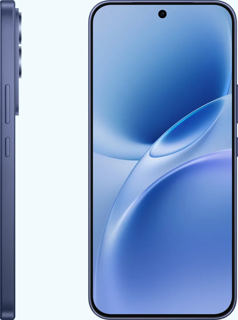 Vivo V70 FE, in Monsoon Blue, side and front