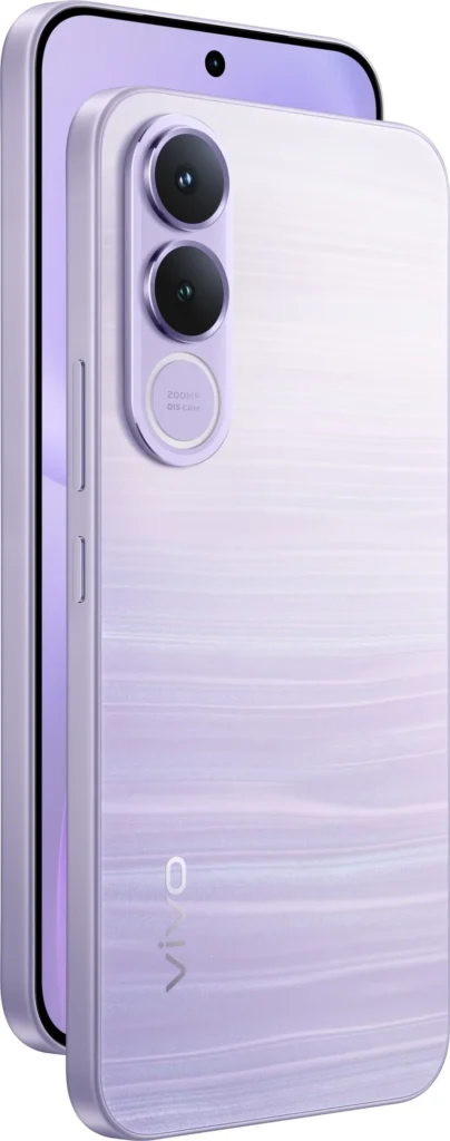 Vivo V70 FE, in Northern Lights Purple, from the side and back