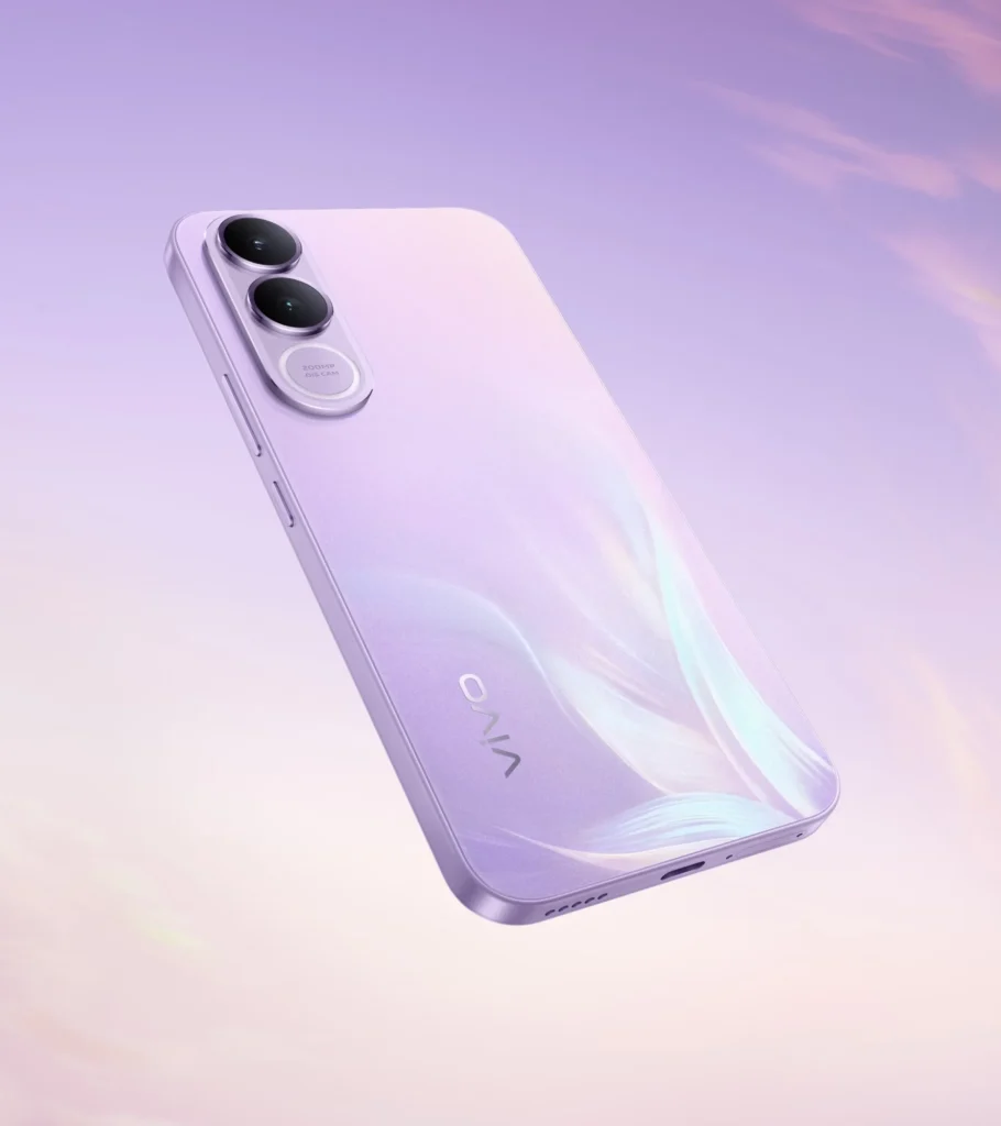 Vivo V70 FE, in Northern Lights Purple, at an angle on a lilac background