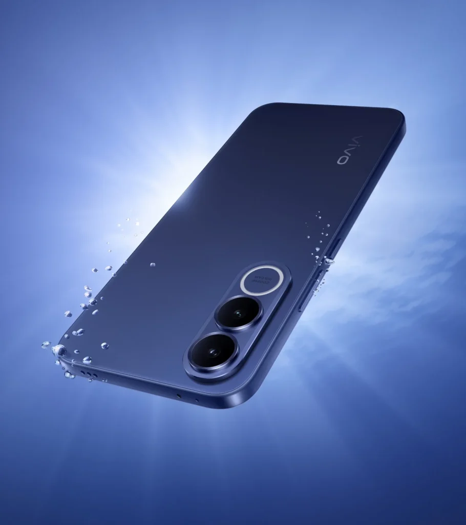 Vivo V70 FE, in Monsoon Blue, at an angle on a blue background