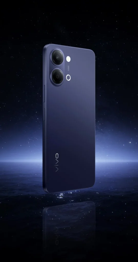Vivo Y05, in Midnight Blue, standing in blue light