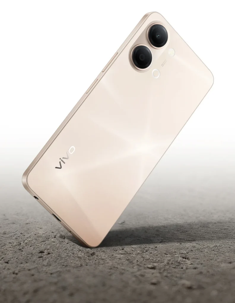 Vivo Y05, in Champagne Gold, tilted on a hard floor