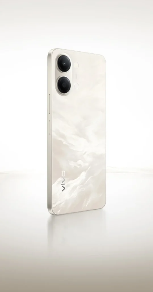 Vivo Y05, in Champagne Gold, standing on a pale floor