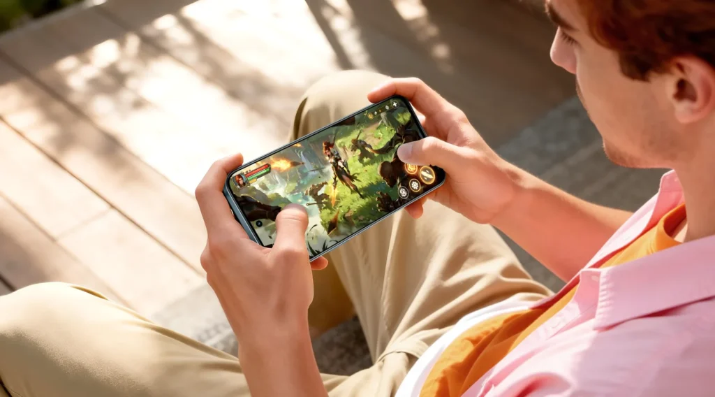 realme 16T 5G, held sideways for gaming