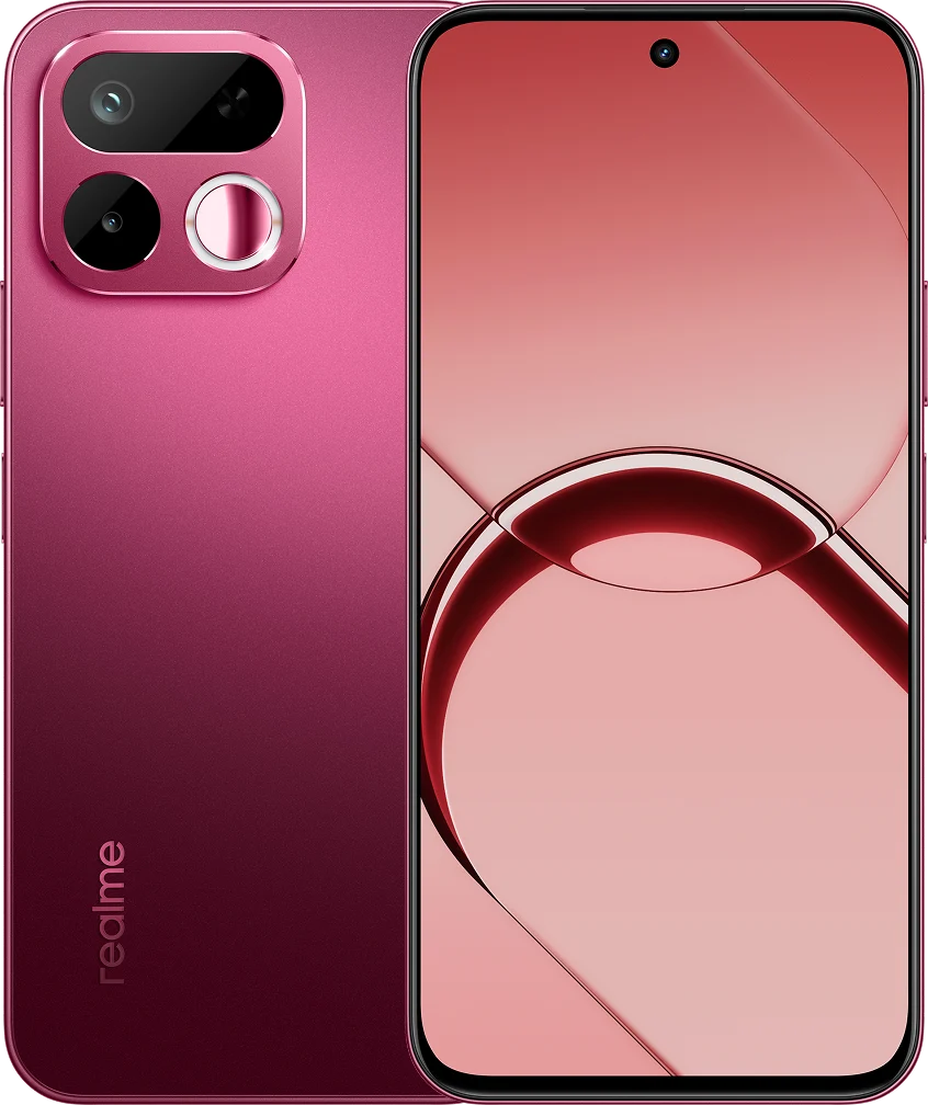 realme 16T 5G, in Starlight Red, front and back