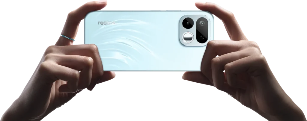 realme 16T 5G, in Aurora Green, held sideways in both hands