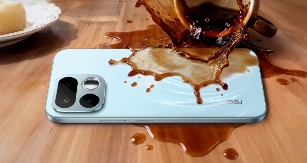 realme 16T 5G, in Aurora Green, in spilled coffee