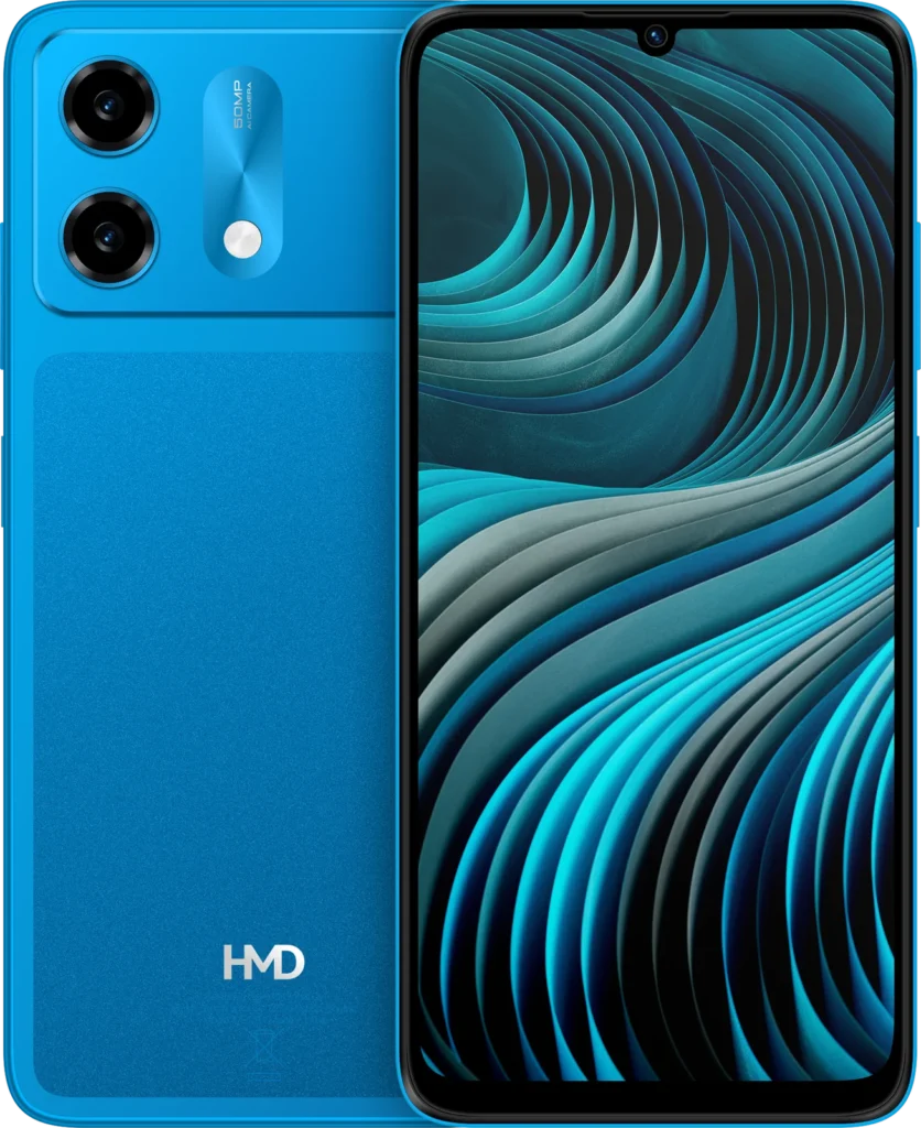 HMD Vibe2 5G, in Nordic Blue, back and front