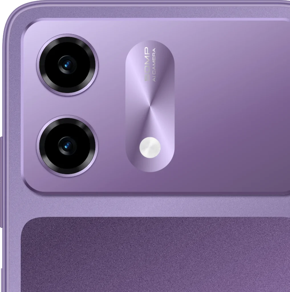 HMD Vibe2 5G, in Cosmic Lavender, close-up of the camera module