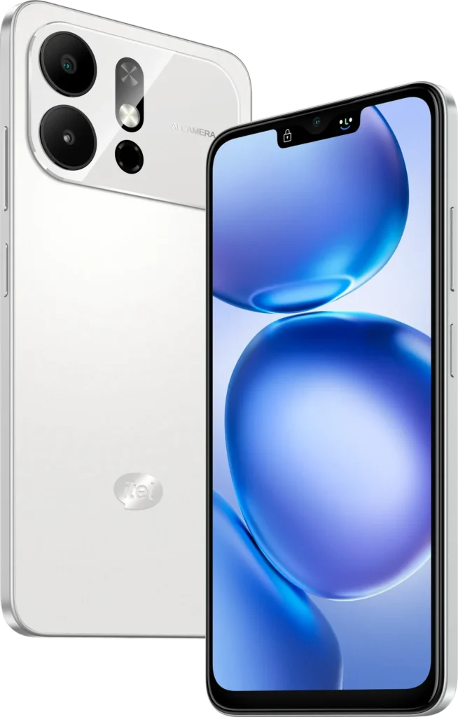 itel A100 Pro, in Cloud White, back and front at an angle