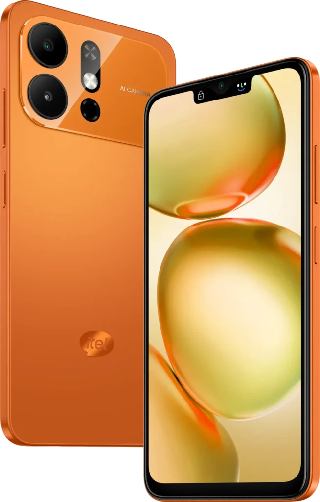 itel A100 Pro, in Comet Orange, back and front at an angle