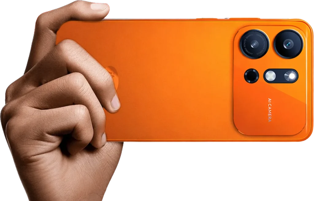 itel A100 Pro, in Comet Orange, held sideways in one hand