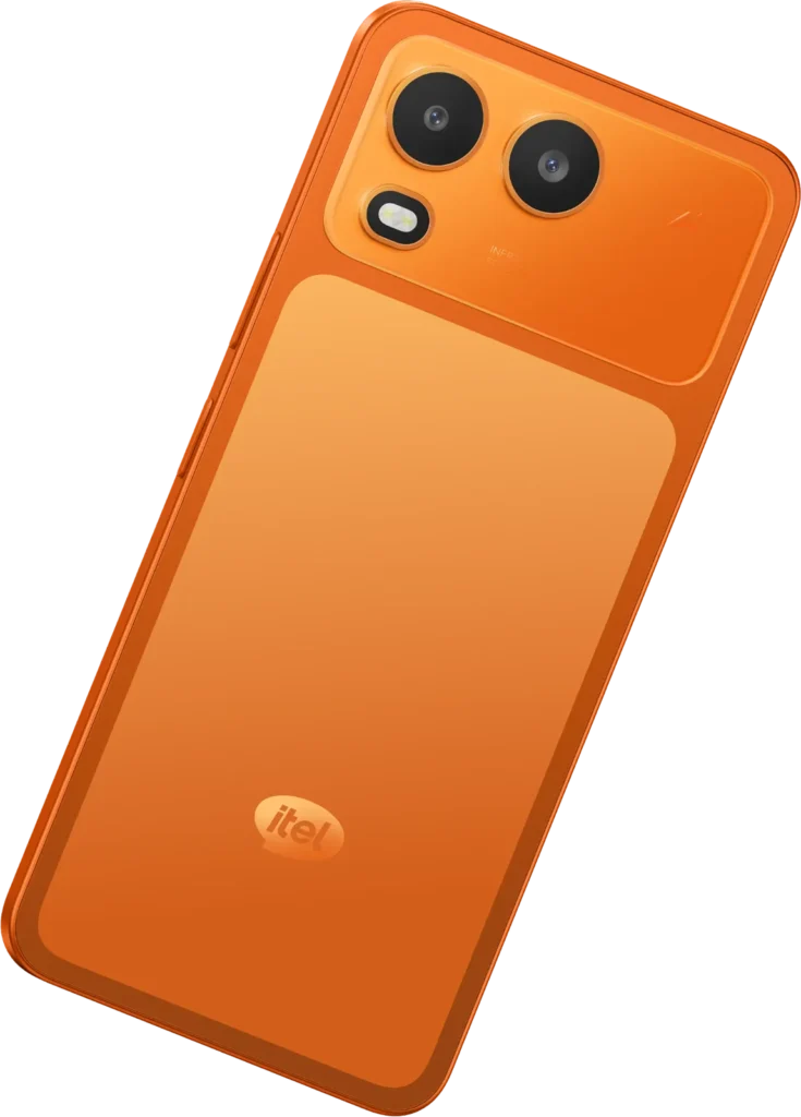 itel Zeno 200, in Comet Orange from the back, tilted