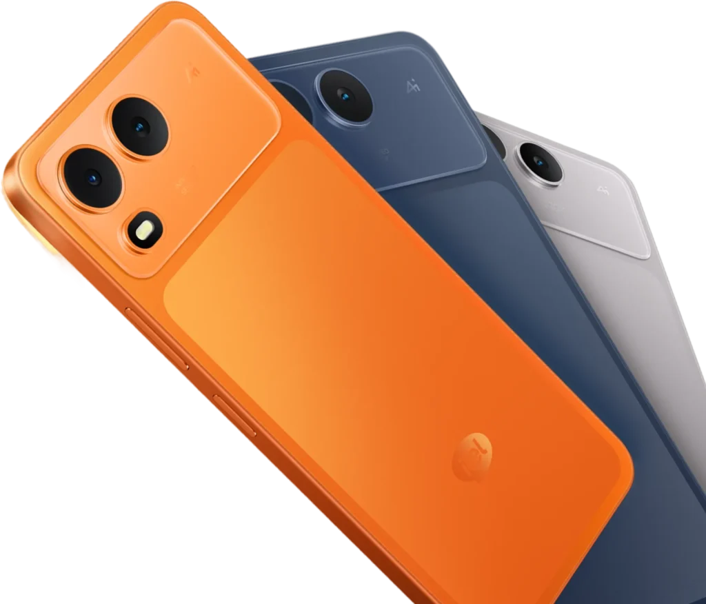itel Zeno 200, in Comet Orange, Nightly Blue and Meteor Titanium, fanned out from the back