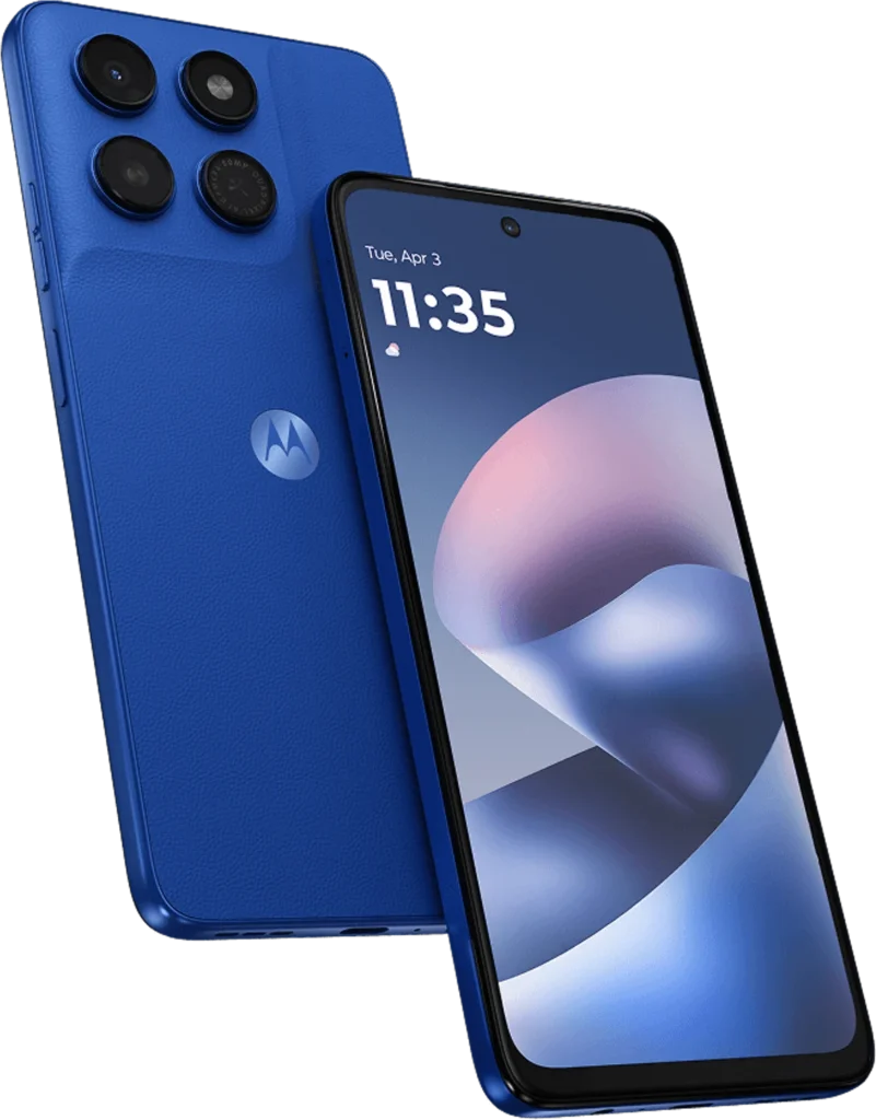 Motorola Moto G37, in Pantone Nautical Blue, front and rear view