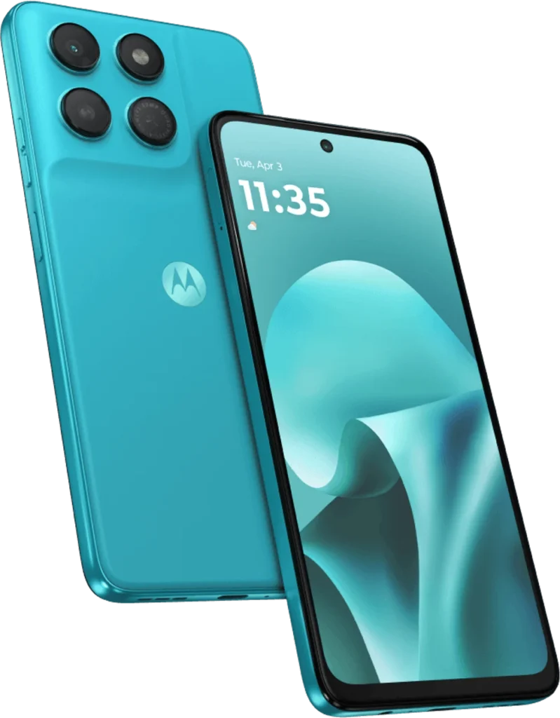 Motorola Moto G37 Power, in Pantone Capri, front and rear view