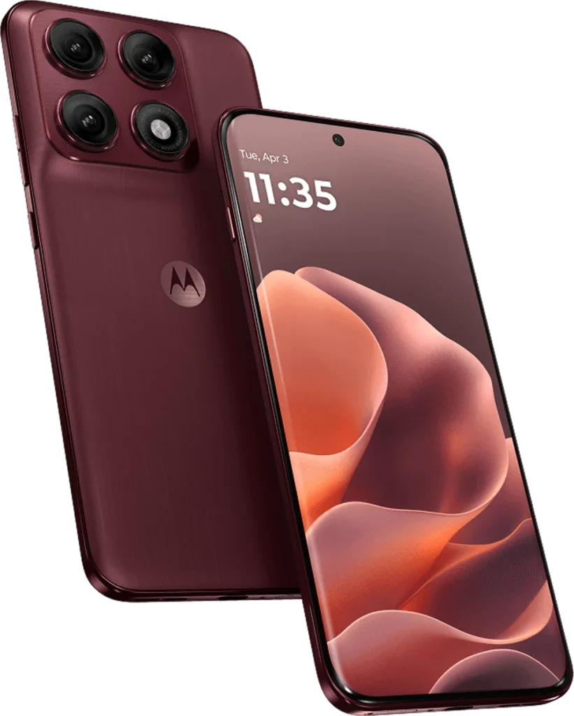 Motorola Edge 70 Pro Plus, in Pantone Zinfandel, front and rear view