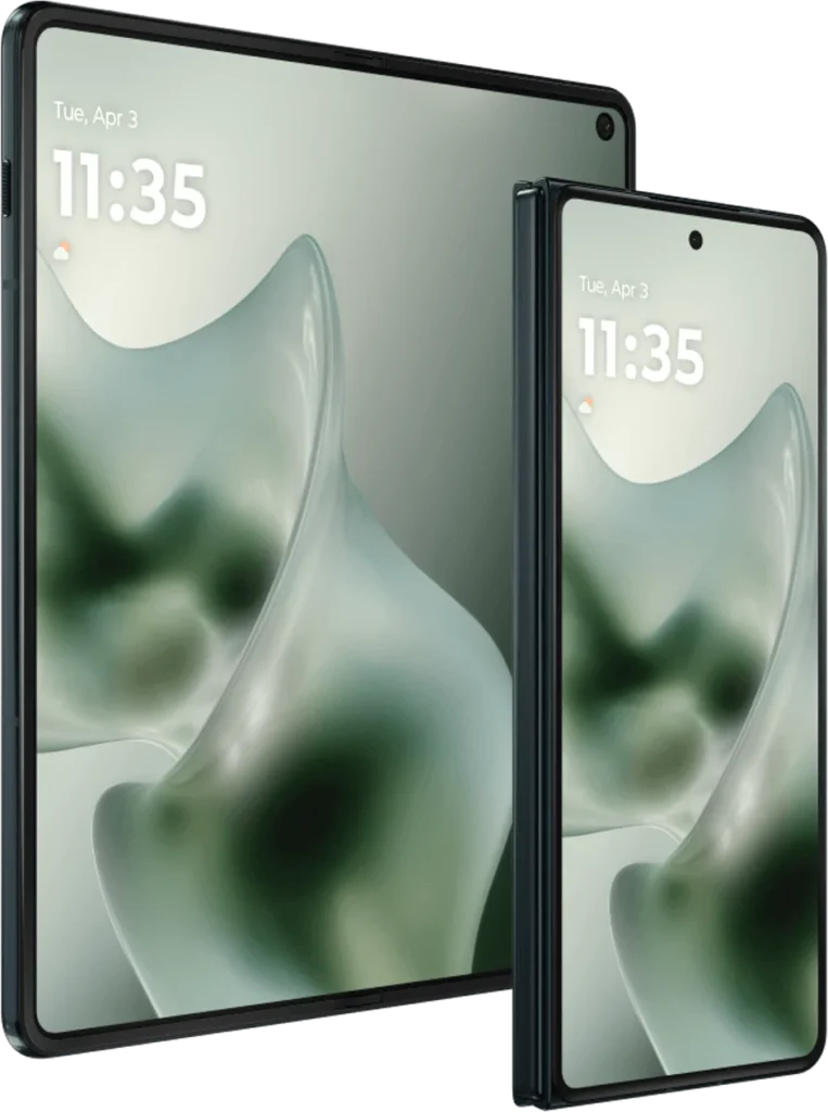 Motorola Razr Fold, in Pantone Blackened Blue, unfolded and folded views