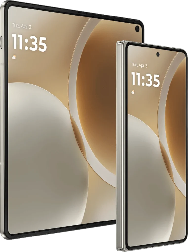 Motorola Razr Fold, in Pantone Lily White, unfolded and folded views
