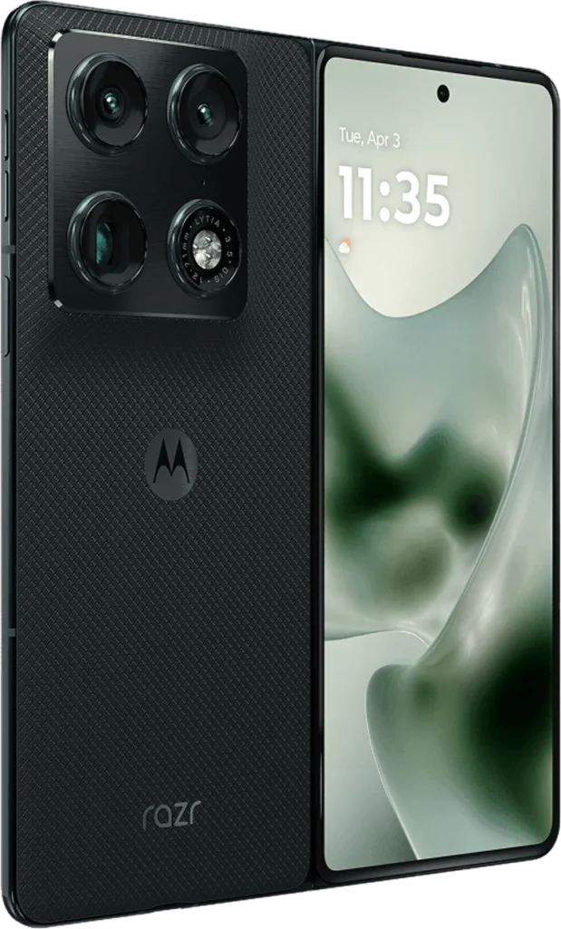 Motorola Razr Fold, partially folded showing inner 8.1-inch foldable screen and hinge