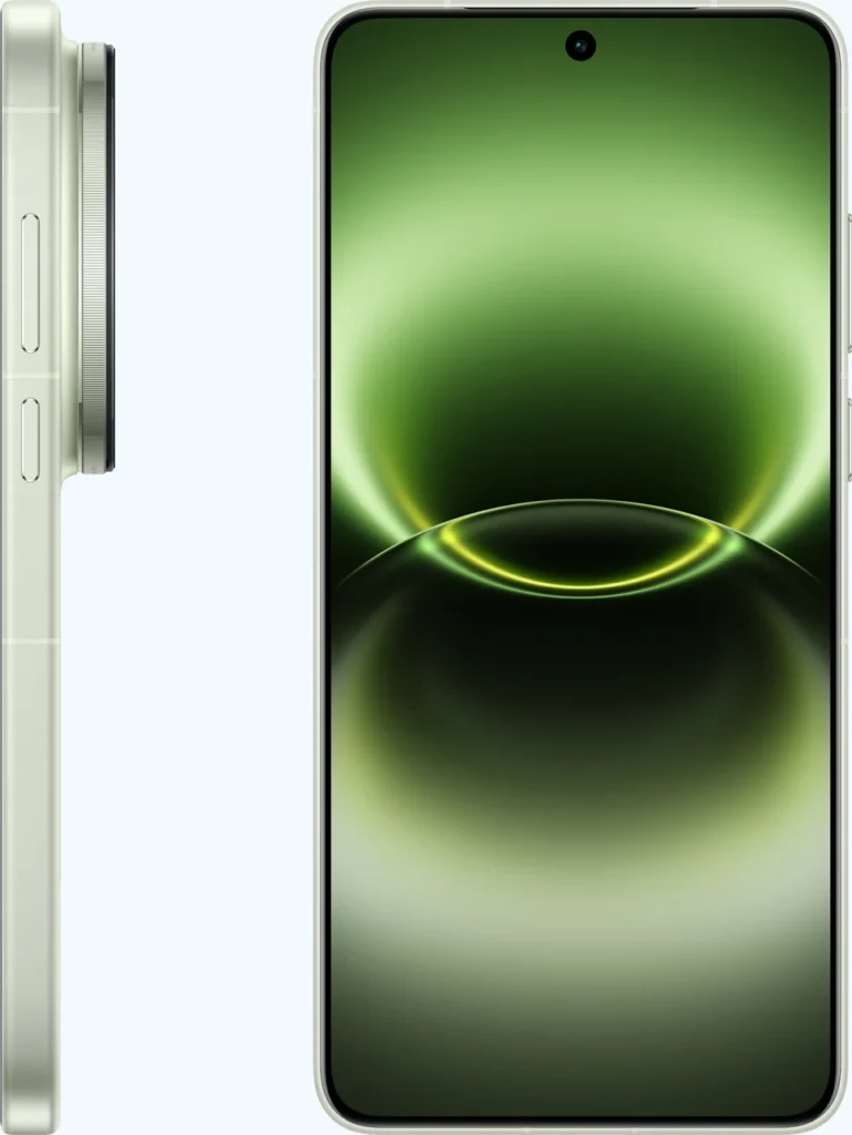 Vivo X300 Ultra, in Victory Green, side and front