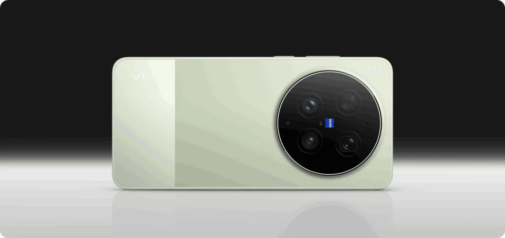 Vivo X300 Ultra, in Victory Green, lying on a reflective surface