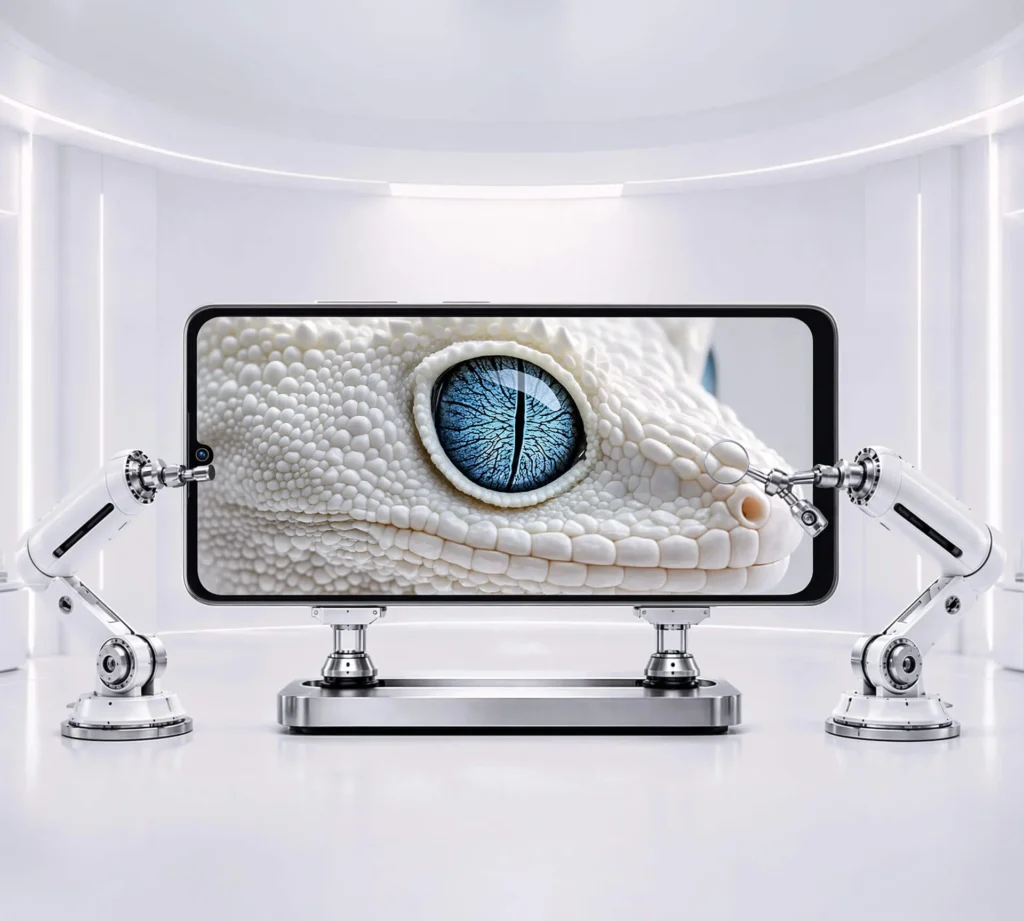 Lava Bold N2 5G, from the front on a stand, with a close-up lizard on the screen