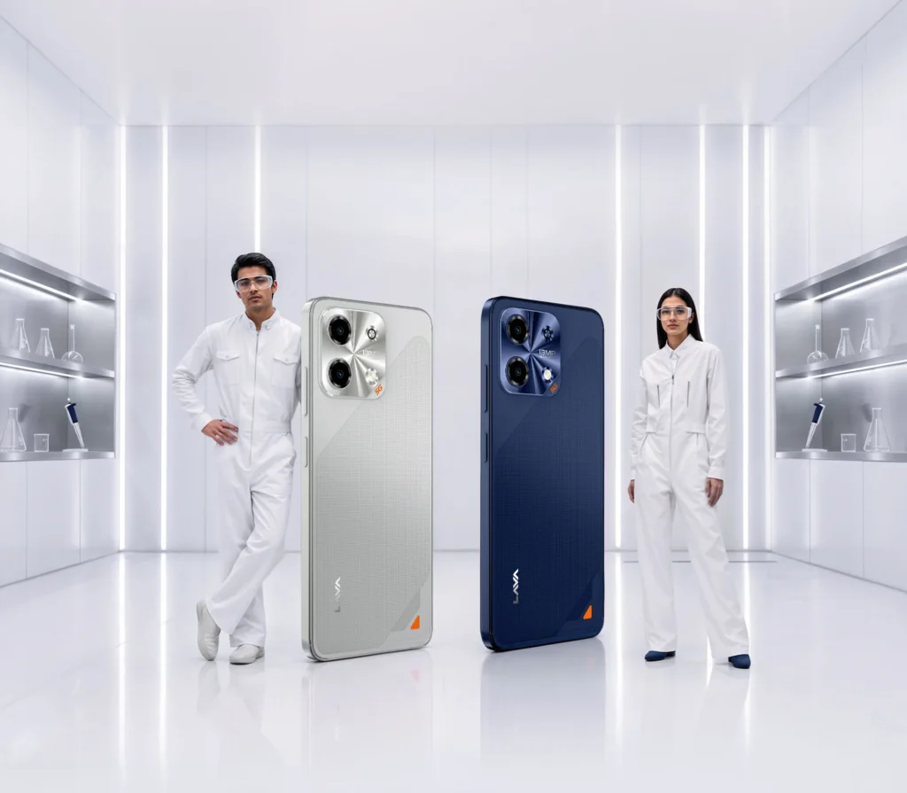 Lava Bold N2 5G, in Regal Gold and Billionaire Blue, standing beside two people in a white lab