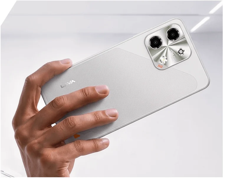 Lava Bold N2 5G, in Regal Gold, held in hand from the back