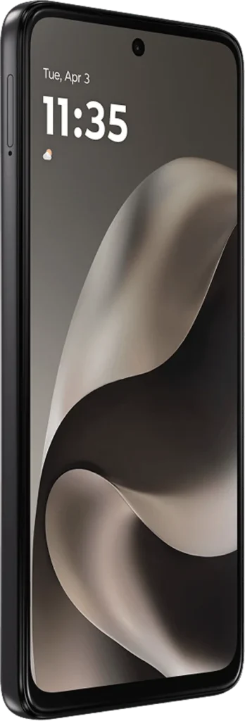 Motorola Moto G77 Power, in Pantone Impenetrable, angled view showing side frame